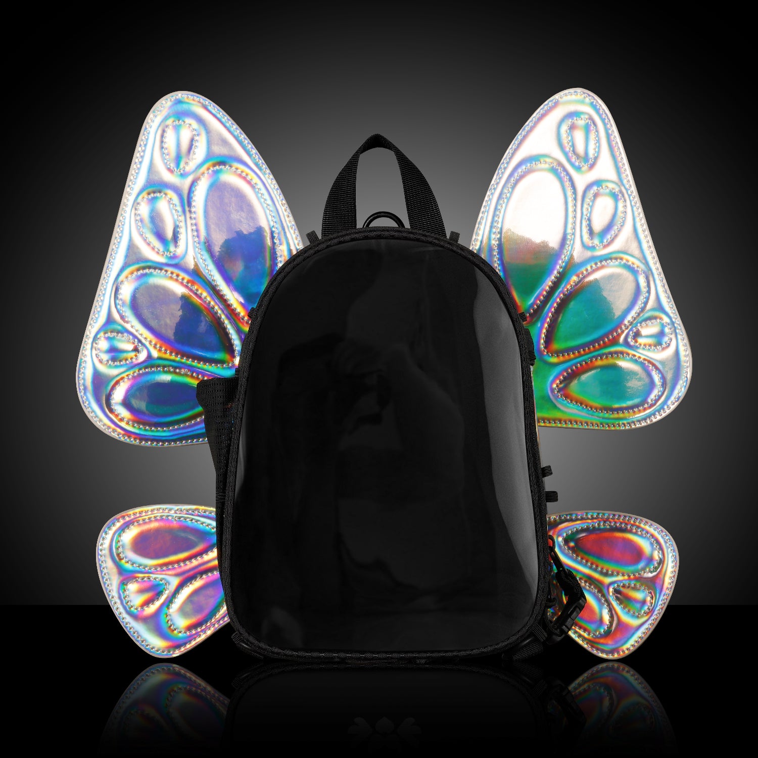 RaveBeetle FLOWt Pin Display Festival Pack – Swappable Wing Rave Backpack with 8oz Soft Water Bottle & Light Accessory(Clear)