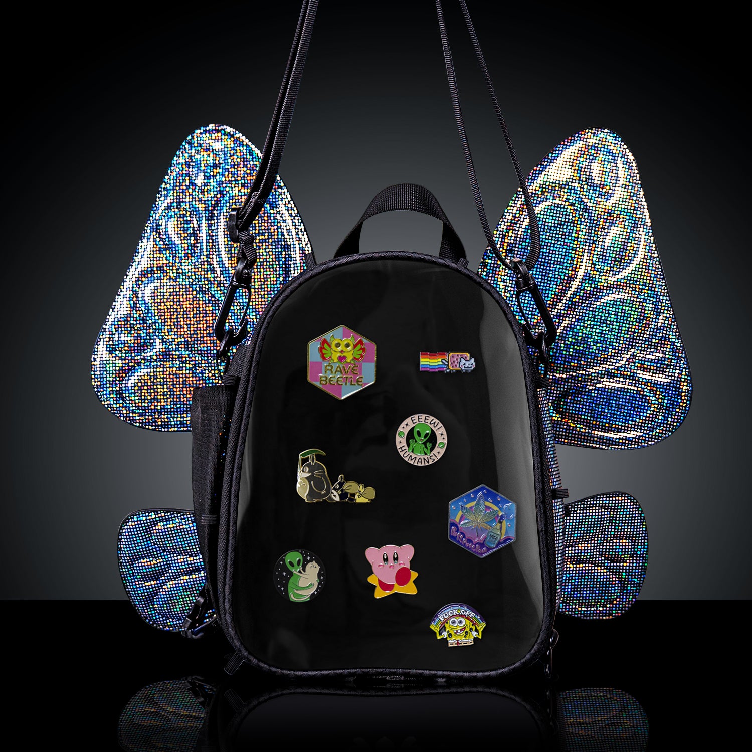 RaveBeetle FLOWt Pin Display Hydration Festival Pack – Swappable Wing Rave Backpack with 8oz Soft Water Bottle & Light Accessory (Disco)