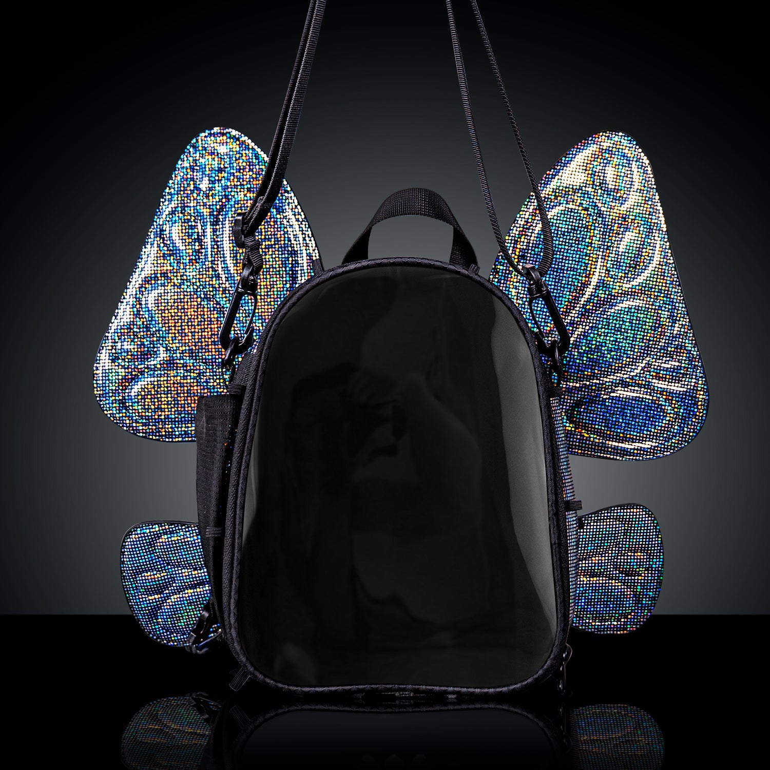 RaveBeetle FLOWt Pin Display Hydration Festival Pack – Swappable Wing Rave Backpack with 8oz Soft Water Bottle & Light Accessory (Disco)