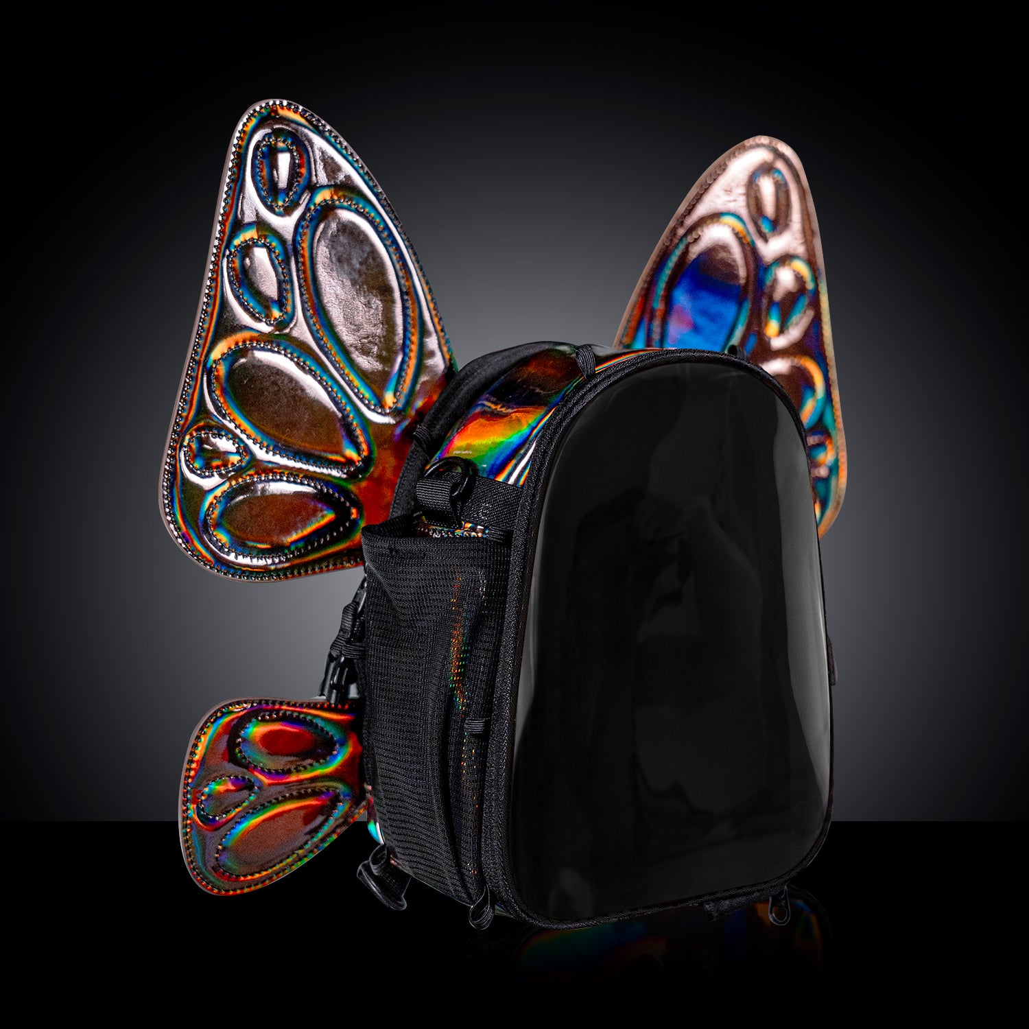 RaveBeetle FLOWt Pin Display Hydration Festival Pack โ Swappable Wing Rave Backpack with 8oz Soft Water Bottle & Light Accessory (Mocha)
