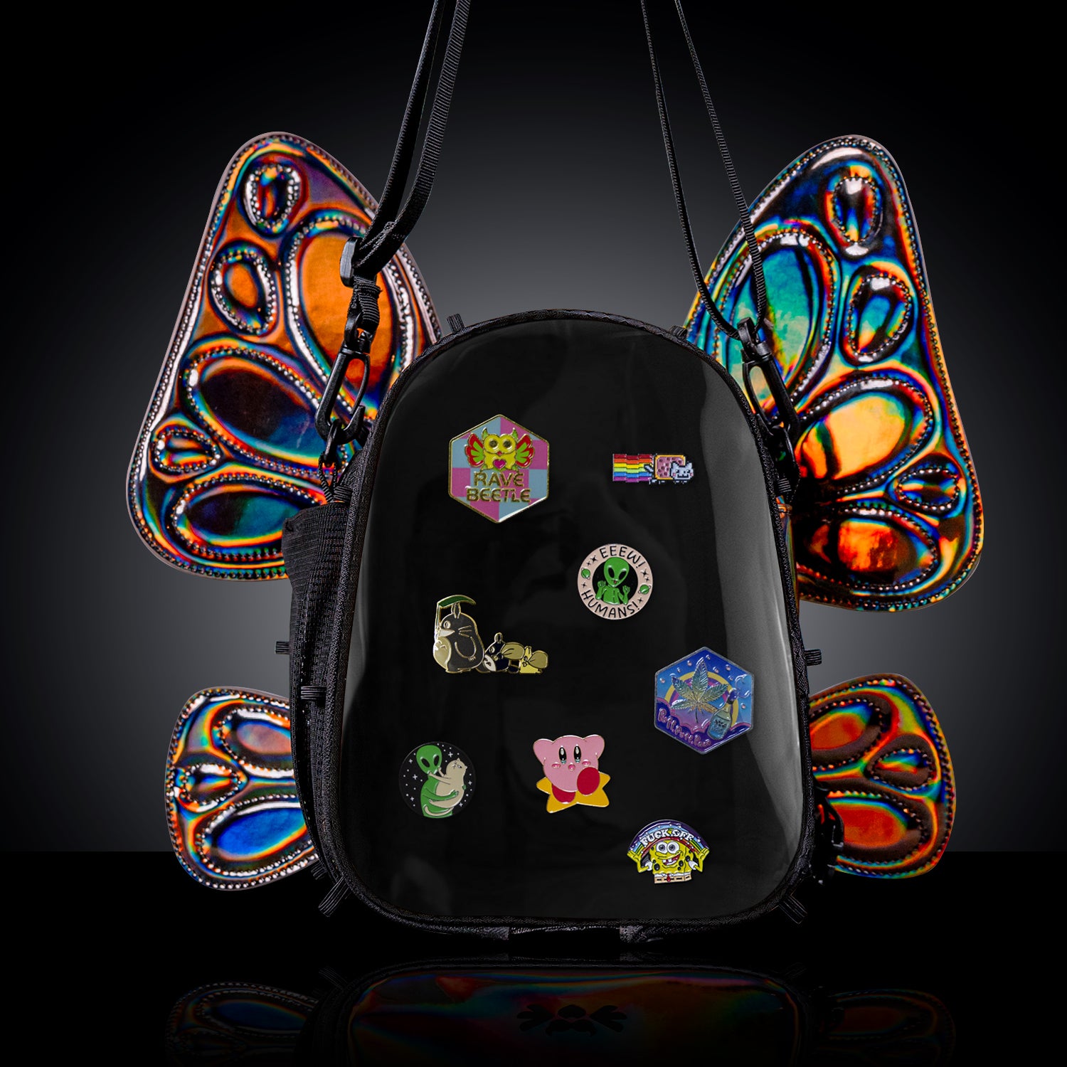 RaveBeetle FLOWt Pin Display Hydration Festival Pack โ Swappable Wing Rave Backpack with 8oz Soft Water Bottle & Light Accessory (Mocha)