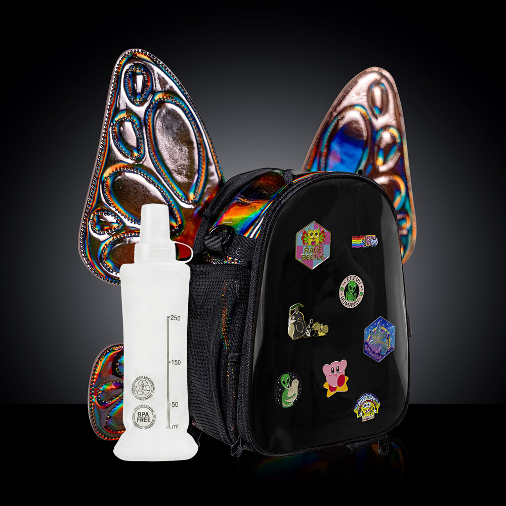 RaveBeetle FLOWt Pin Display Hydration Festival Pack โ Swappable Wing Rave Backpack with 8oz Soft Water Bottle & Light Accessory (Mocha)