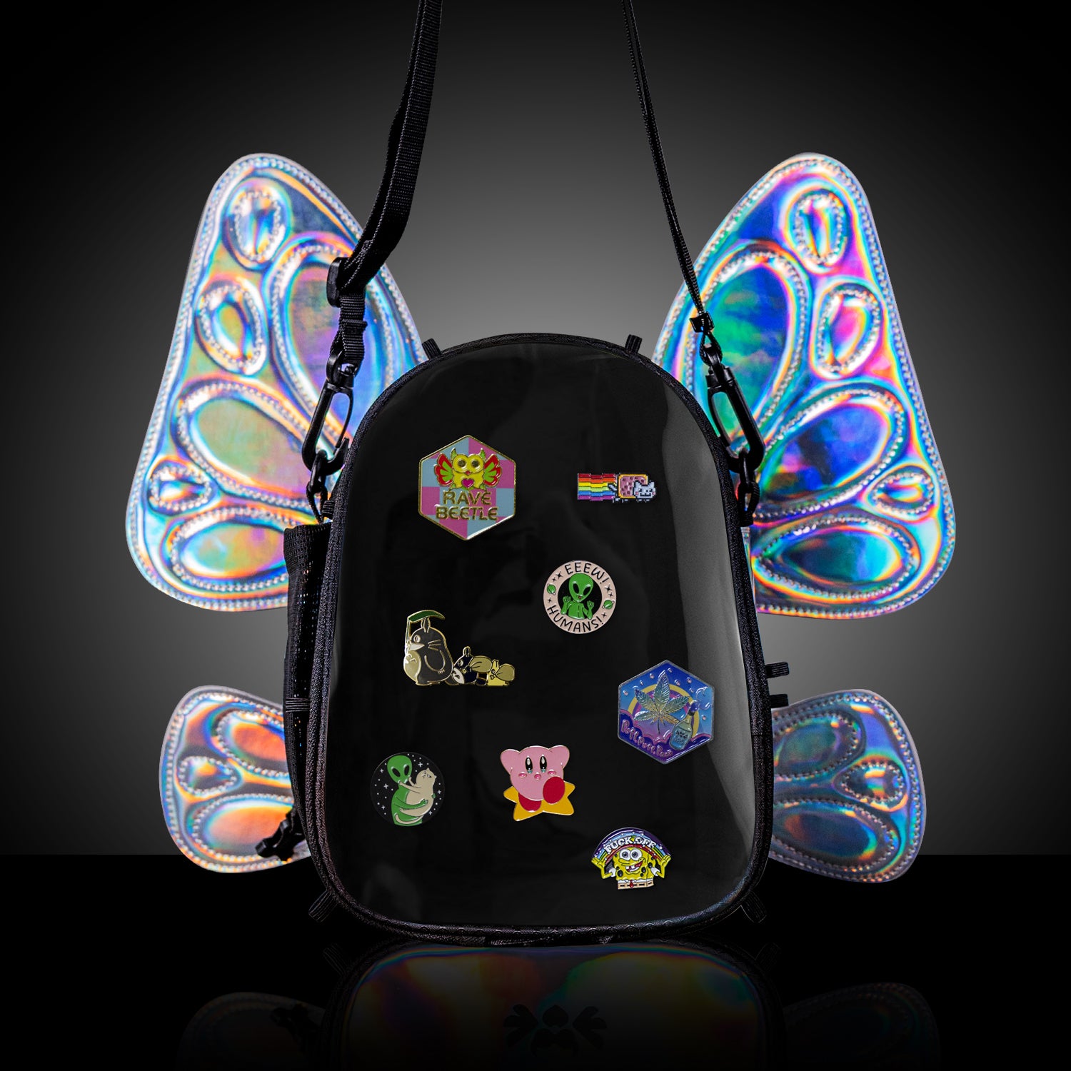 RaveBeetle FLOWt Pin Display Hydration Festival Pack โ Swappable Wing Rave Backpack with 8oz Soft Water Bottle & Light Accessory (Silver)