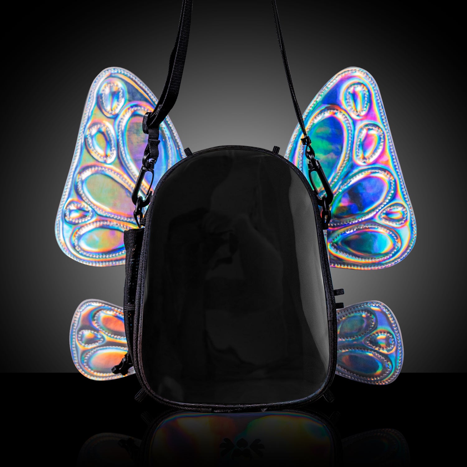 RaveBeetle FLOWt Pin Display Hydration Festival Pack โ Swappable Wing Rave Backpack with 8oz Soft Water Bottle & Light Accessory (Silver)