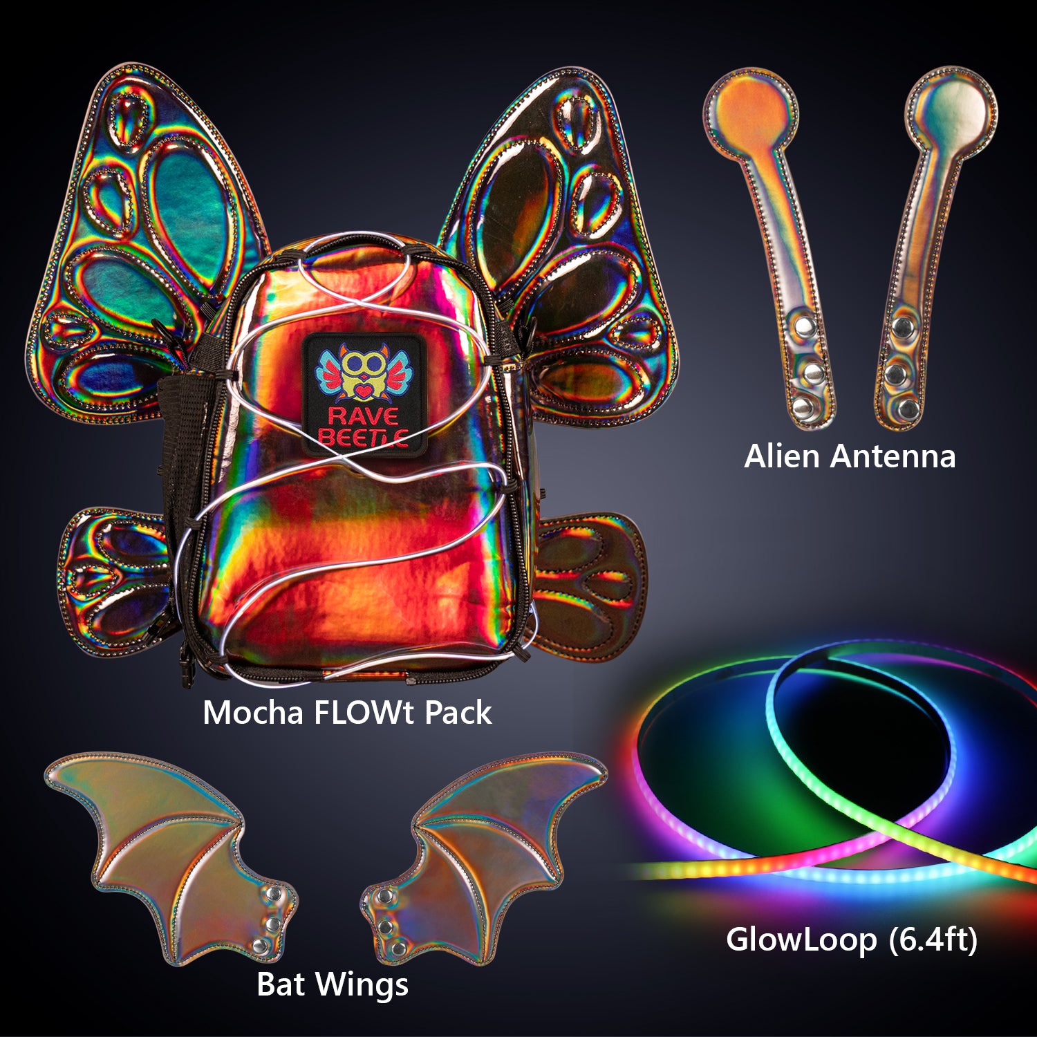 FLOWt Essential Bundle – Bat, Butterfly Wings, Alien Antenna & GlowLoop Vibe Pack