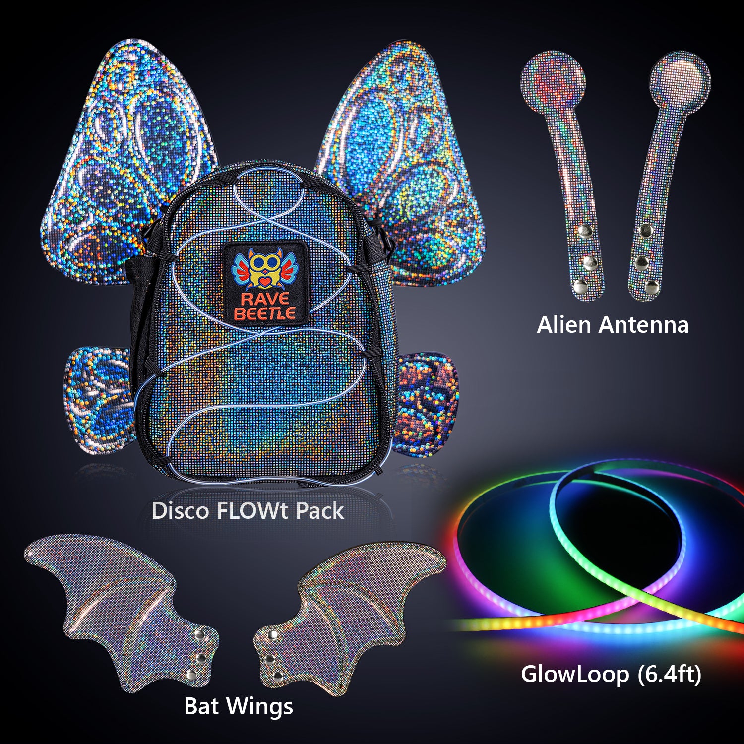 FLOWt Essential Bundle – Bat, Butterfly Wings, Alien Antenna & GlowLoop Vibe Pack