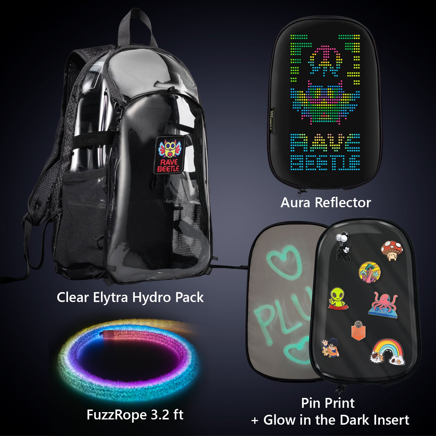 RaveBeetle Clear Festival Hydration Festival Backpack Bundle with LED Screen Light Rope and Pin Print