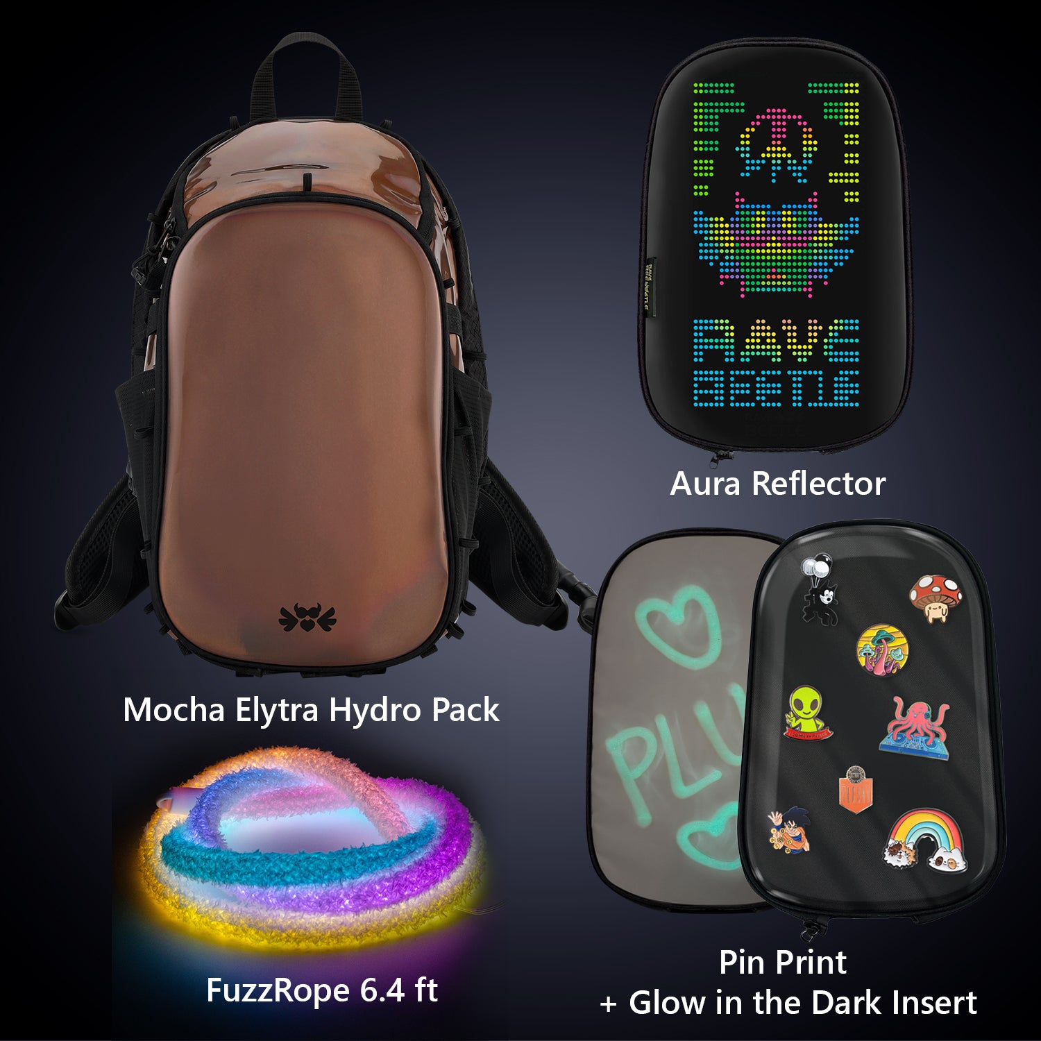 RaveBeetle Mocha Elytra Hydration LED Display Rave Backpack with light rope and pin print