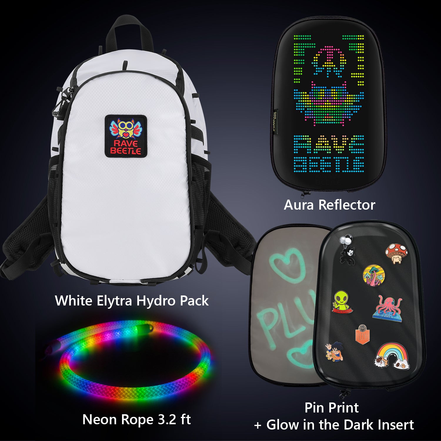 Elytra Aura Bundle – LED Screen, Pin Print, Glow in the Dark Insert & Neon Rope 3.2ft Set