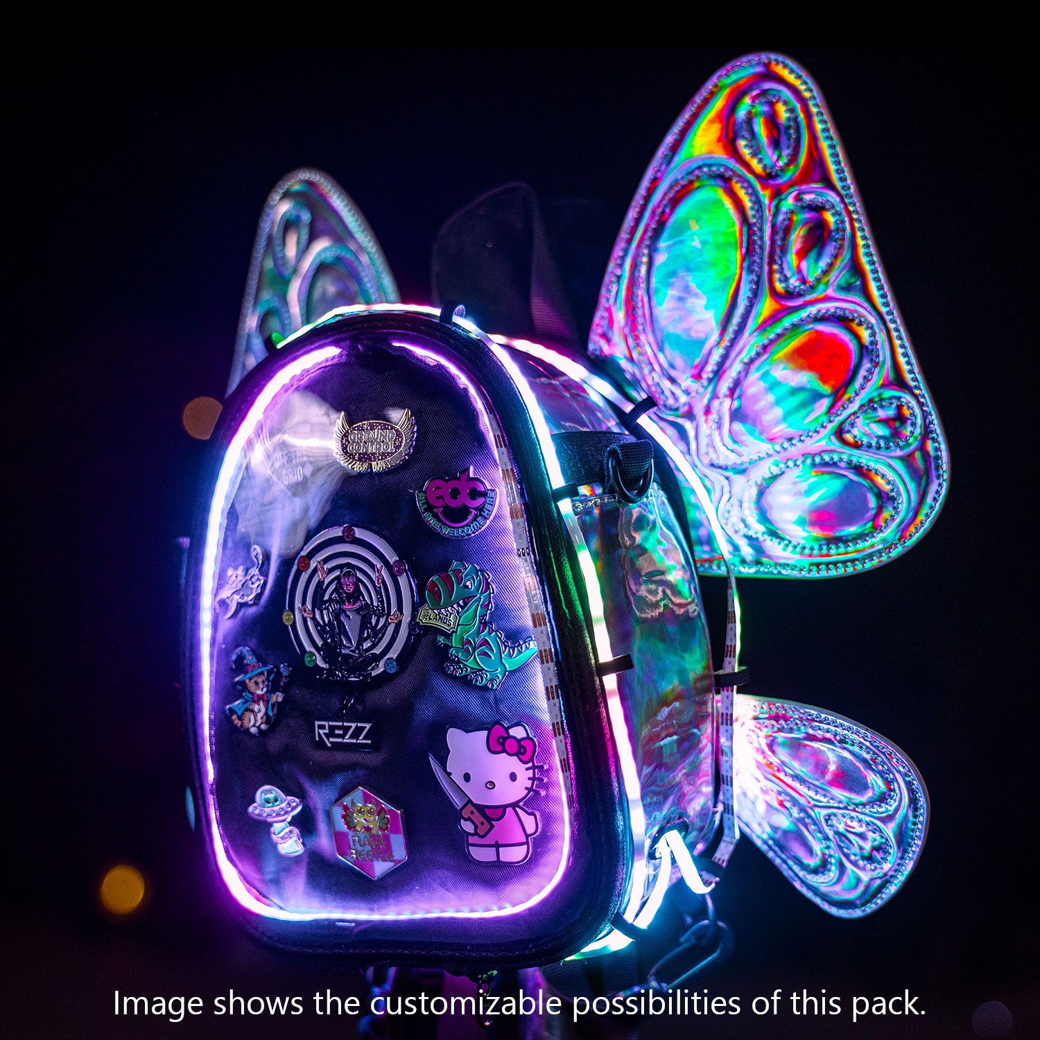 RaveBeetle FLOWt Pin Display Hydration Festival Pack โ Swappable Wing Rave Backpack with 8oz Soft Water Bottle & Light Accessory (Silver)
