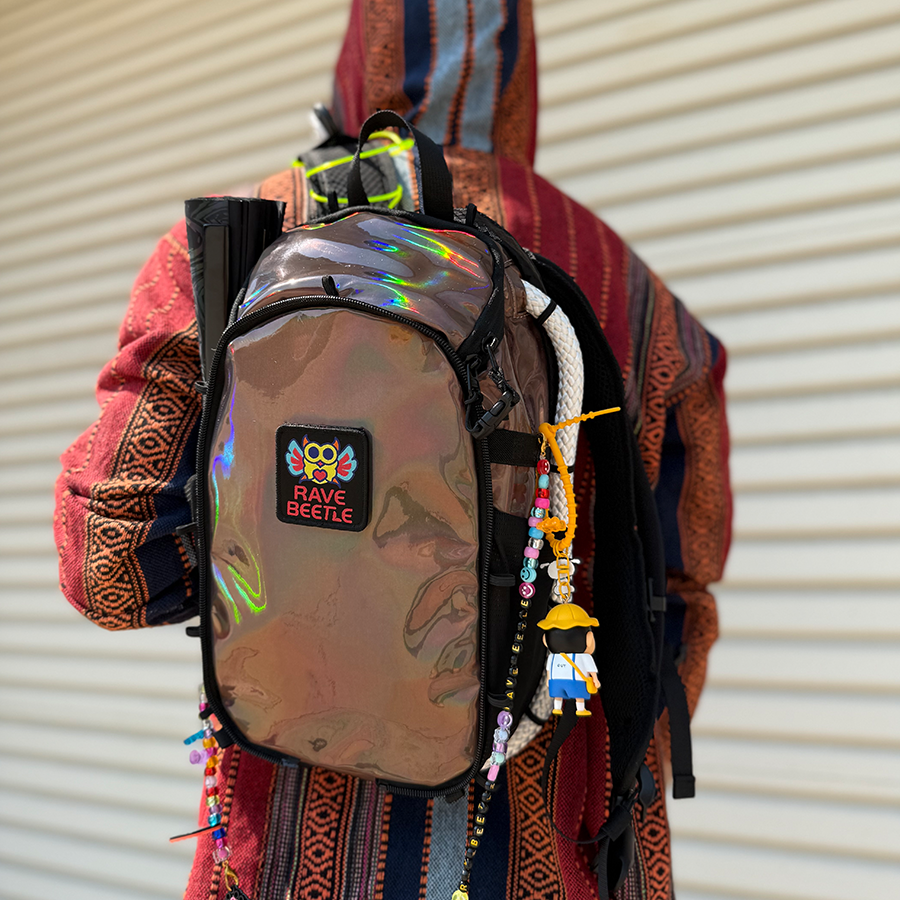 RaveBeetle Elytra Hydration Pack – Festival Backpack with Water Bladder (Holographic Mocha)