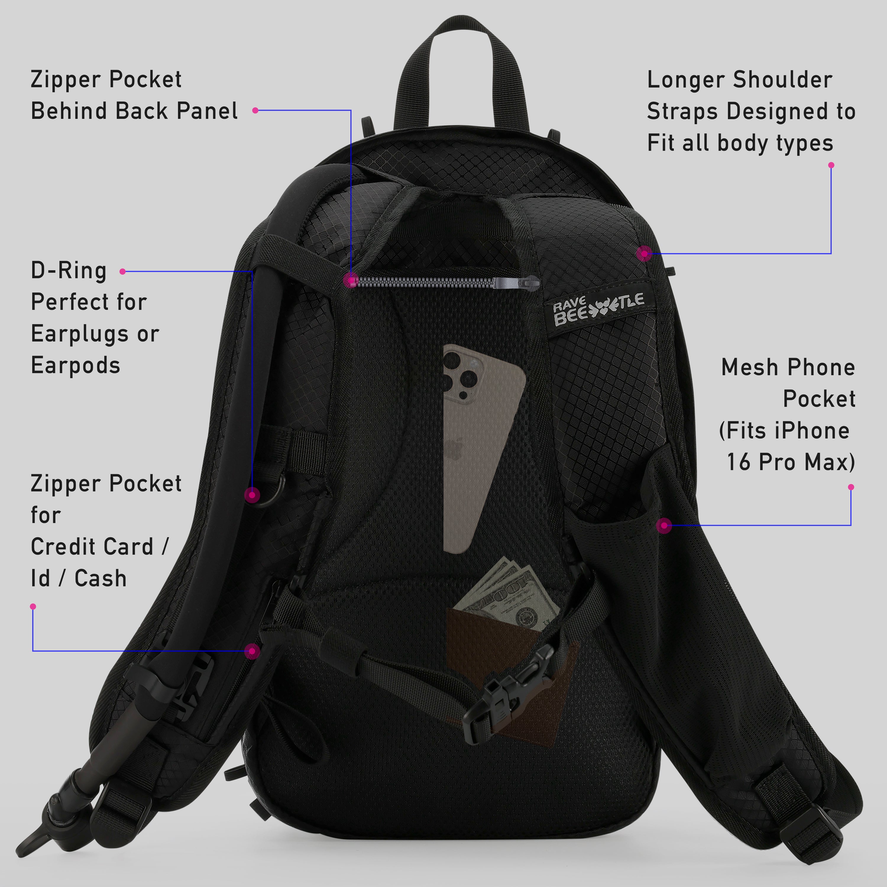 RaveBeetle Elytra LED Hydration Pack – Festival Backpack with Water Bladder (Black)