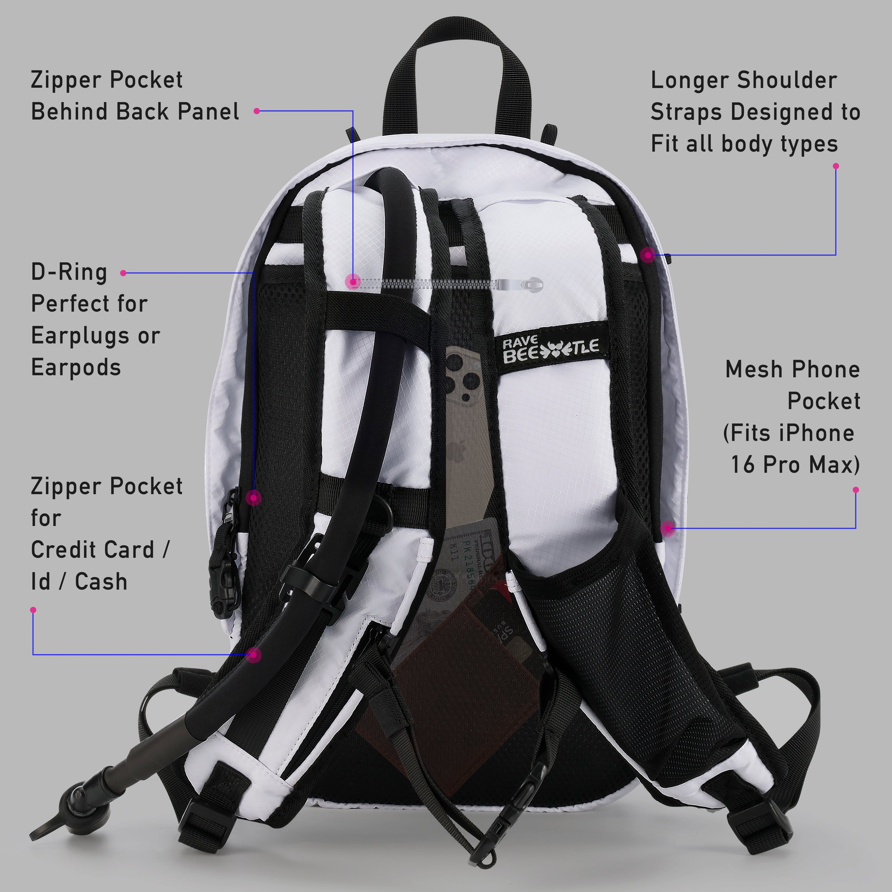 RaveBeetle Elytra LED Hydration Pack – Festival Backpack with Water Bladder (White)
