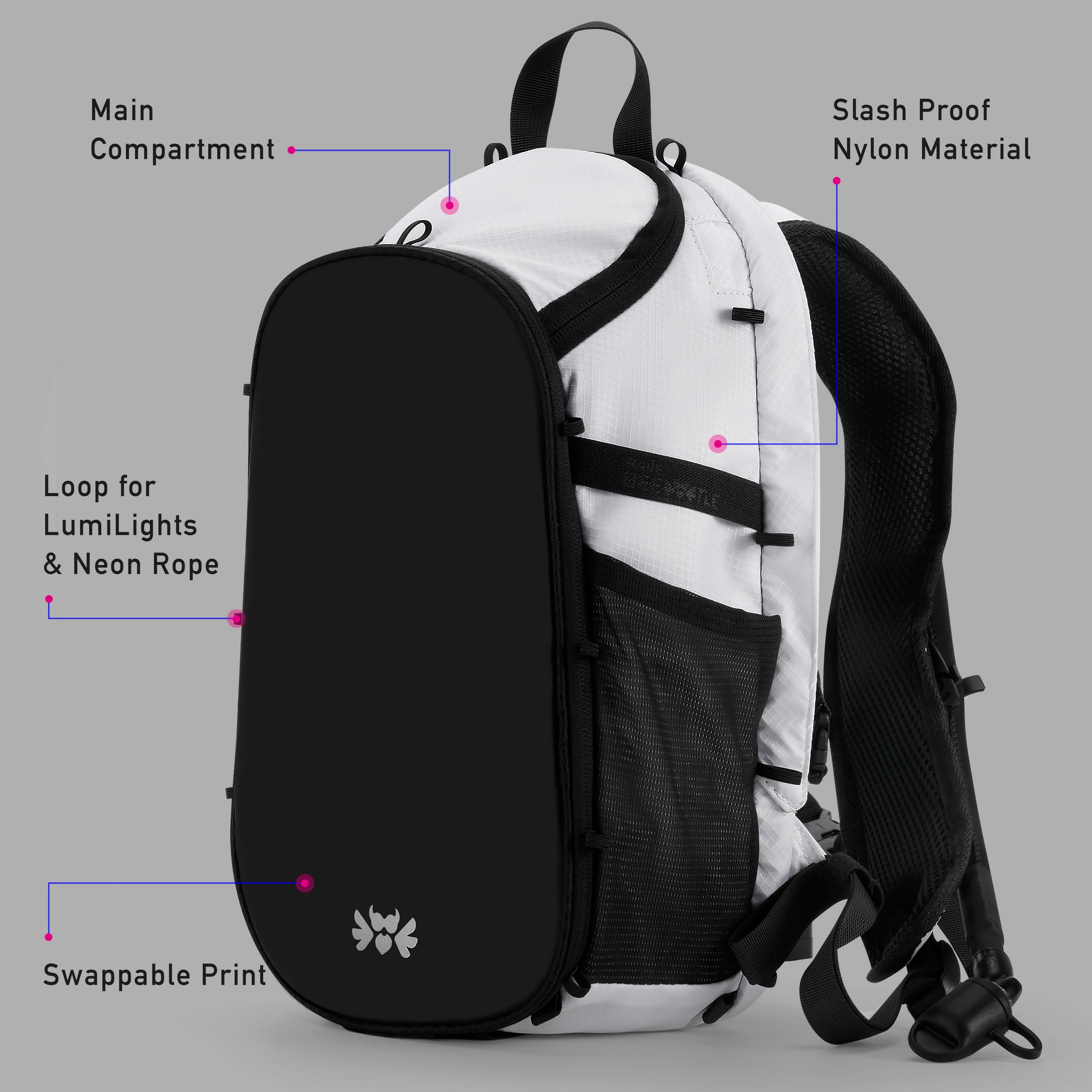 RaveBeetle Elytra LED Hydration Pack – Festival Backpack with Water Bladder (White)