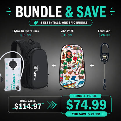 RaveBeetle Black Elytra AIR Festival Starter Bundle – Lightweight Festival Pack with 2L Water Bladder, VIbe Print &amp; Fonelyne