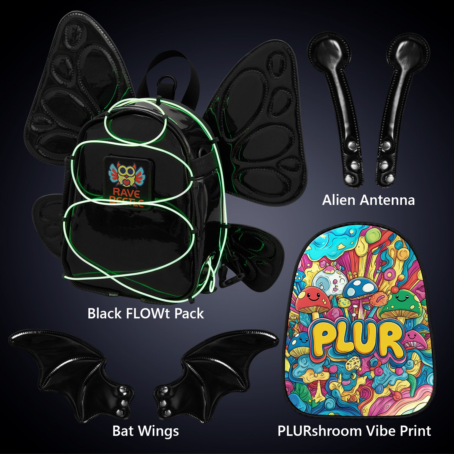 RaveBeetle Black FLOWt Pack Festival Backpack PLUR Mushroom Alien Antenna Bat Wings Butterfly Wings