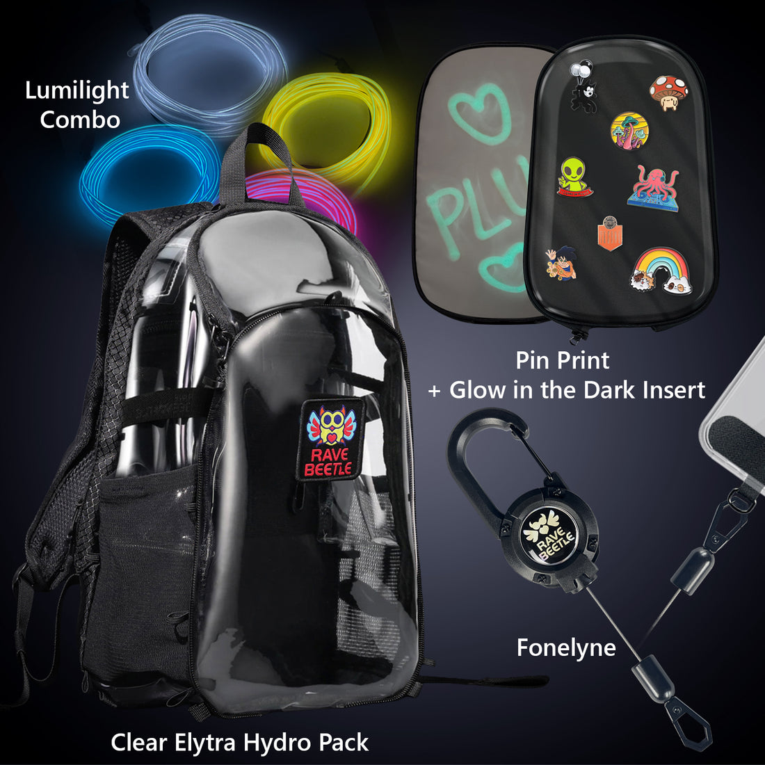 Elytra Essentials Bundle – Pin Print, Glow in the Dark Insert, Lumilight Combo &amp; Fonelyne Tether