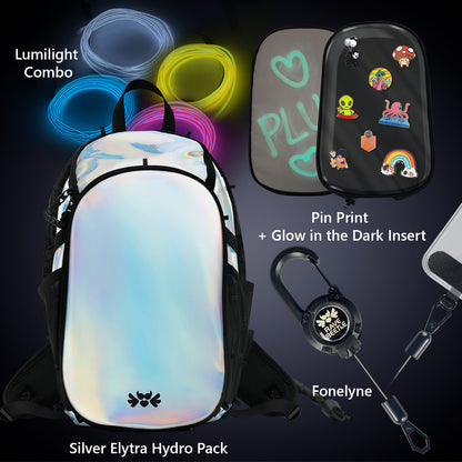 RaveBeetle Elytra Festival Hydro Pack Rave Customizable Backpack with Pin Insert Phone Tether Silver