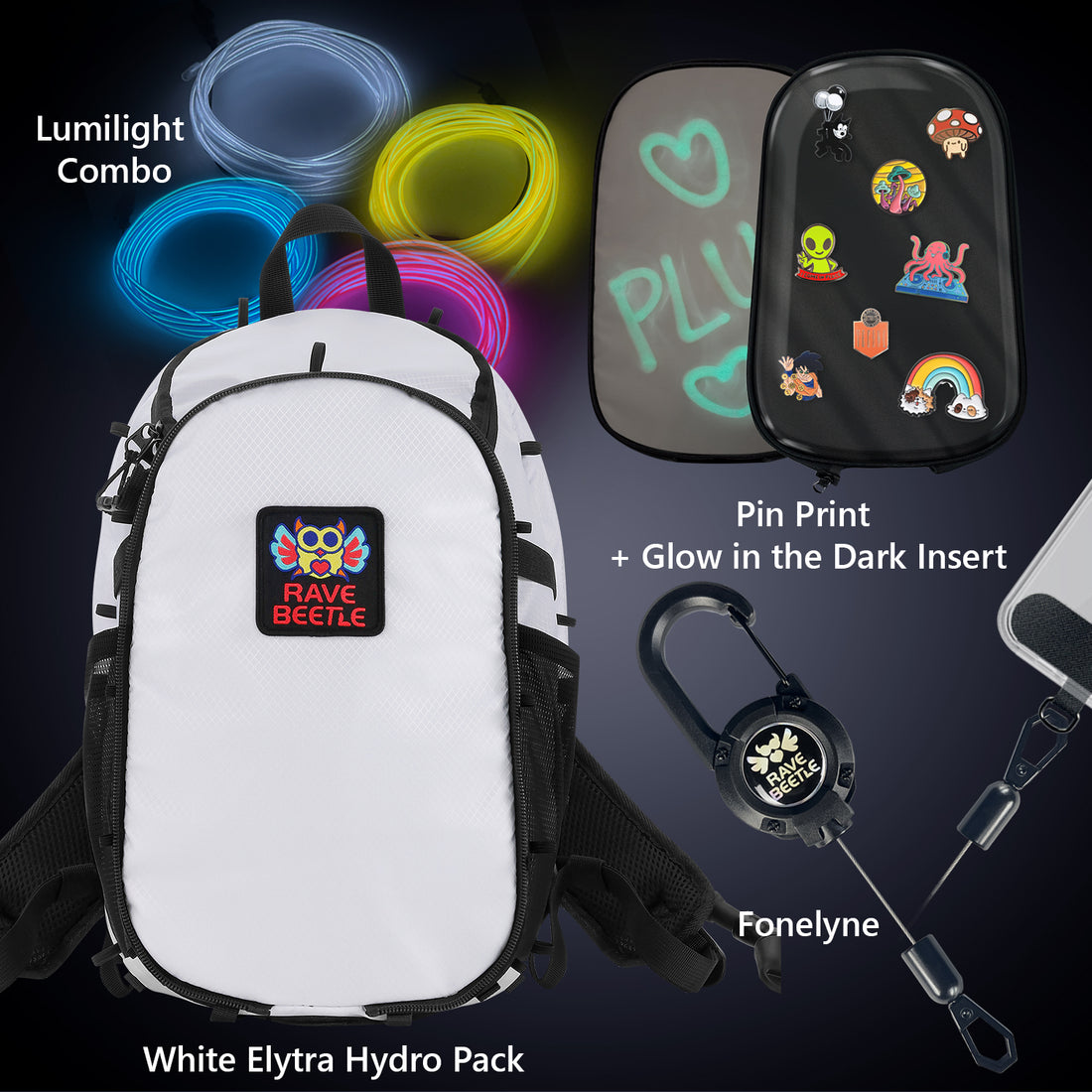 RaveBeetle White Hydration Backpack with Phone Tether and Pin Print, light wire