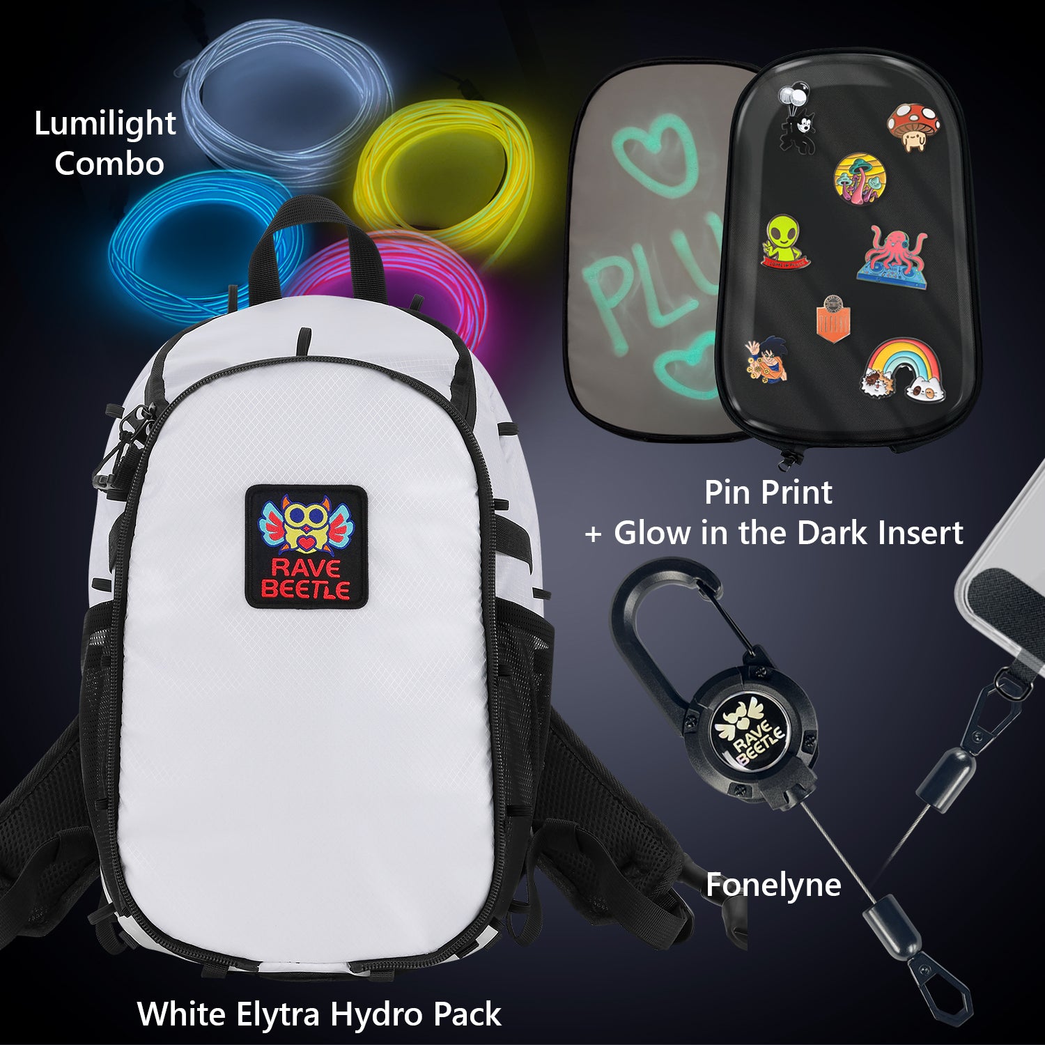 RaveBeetle White Hydration Backpack with Phone Tether and Pin Print, light wire