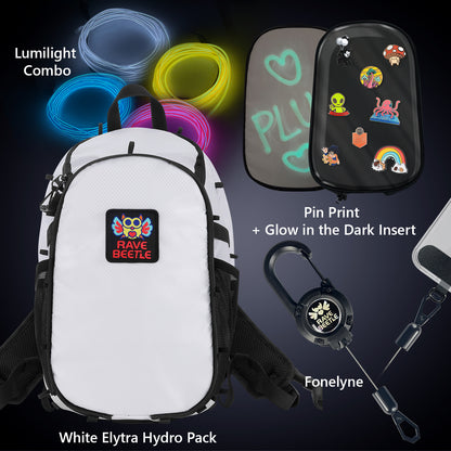 RaveBeetle White Hydration Backpack with Phone Tether and Pin Print, light wire