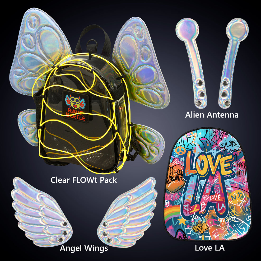RaveBeetle FLOWt Festival Pack with Swappable Angel Wing Alien Antenna Love LA bundle Clear