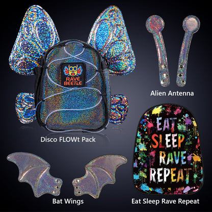 RaveBeetle FLOWt Festival Pack with Swappable bat Wings butterfly wings Alien Antenna eat sleep rave repeat bundle
