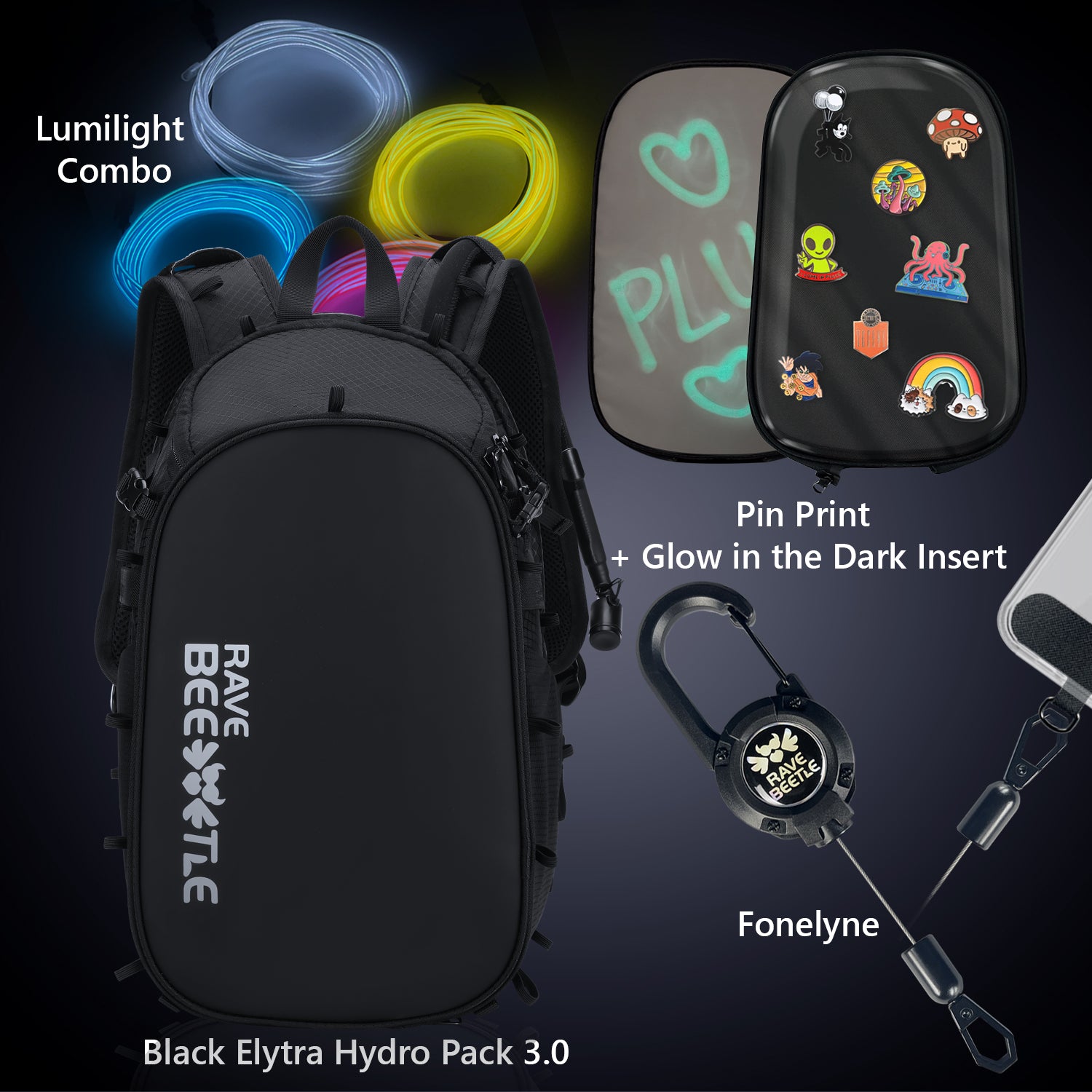 Elytra 3.0 Essentials Bundle – Pin Print, Glow in the Dark Insert, Lumilight Combo &amp; Fonelyne Tether