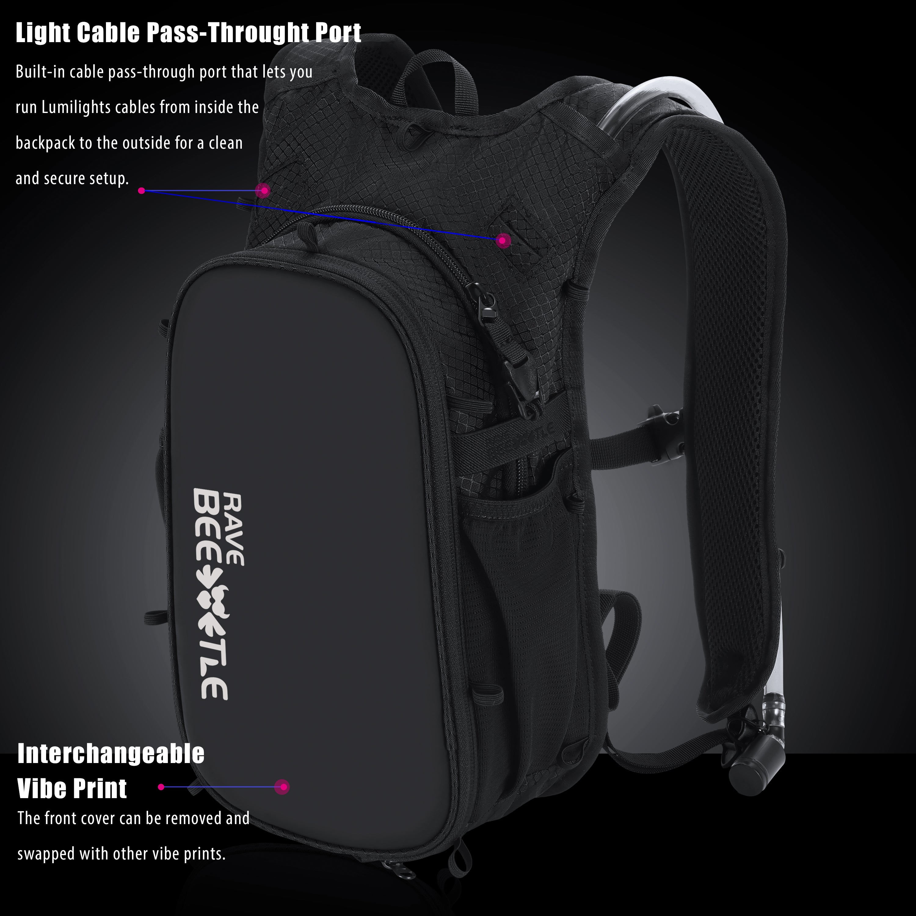 RaveBeetle Elytra AIR LED Hydration Backpack – Lightweight Festival Pack with 2L Water Bladder (Black)