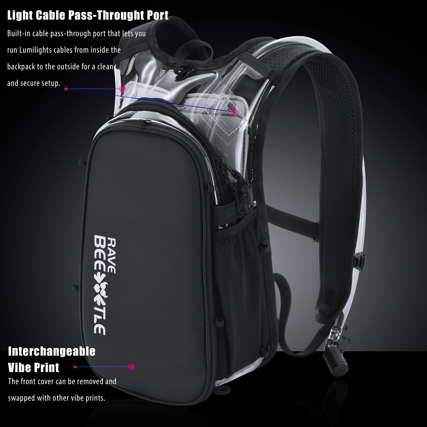 RaveBeetle Elytra AIR LED Hydration Backpack – Lightweight Festival Pack with 2L Water Bladder (Clear)