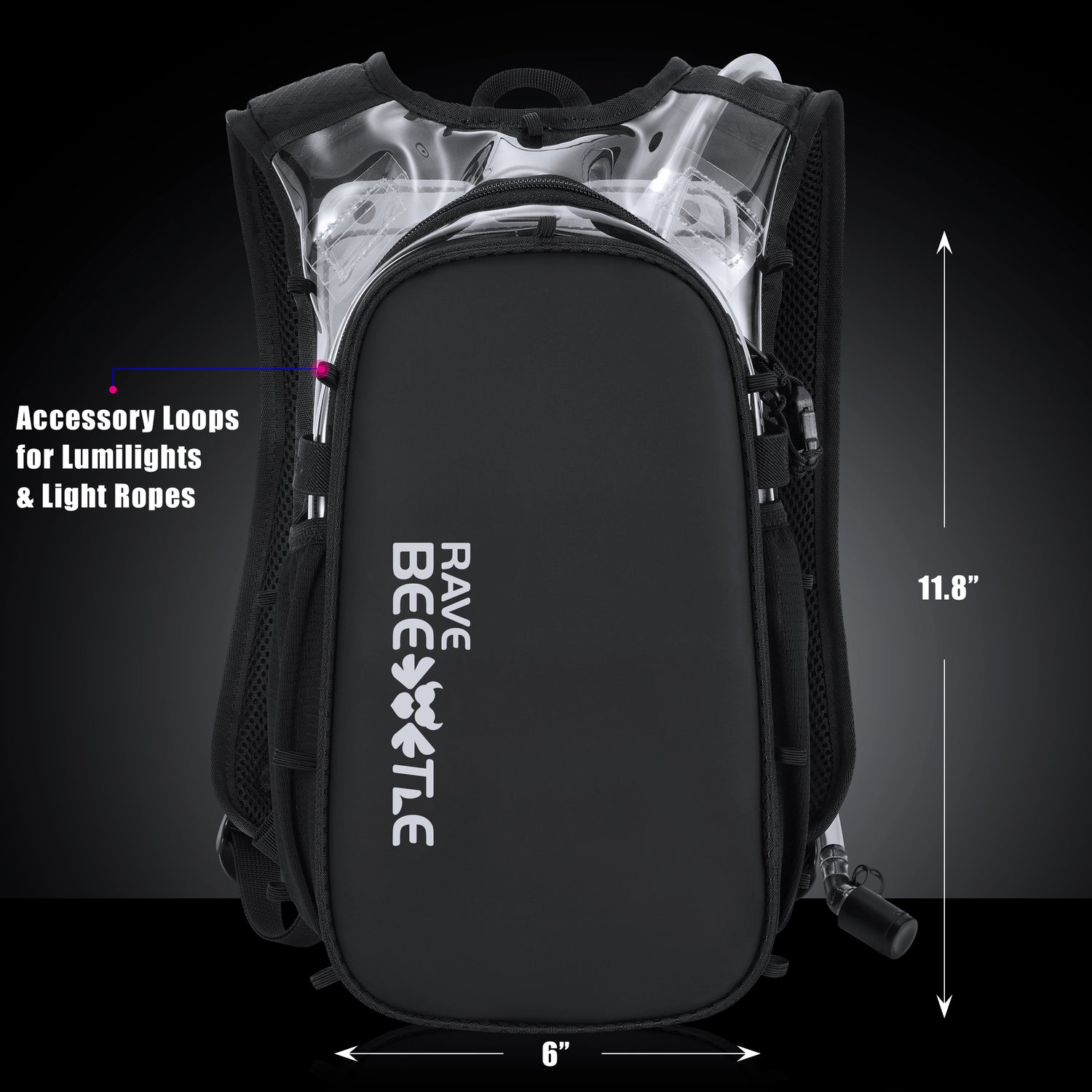RaveBeetle Elytra AIR LED Hydration Backpack – Lightweight Festival Pack with 2L Water Bladder (Clear)