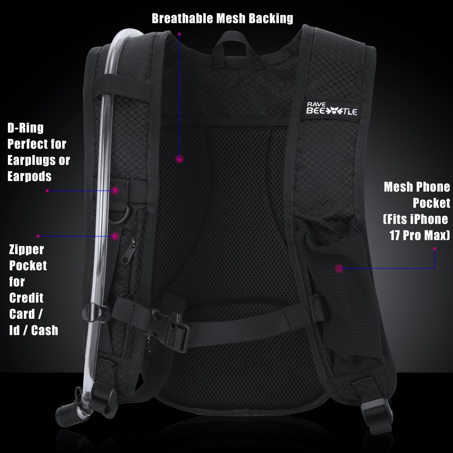 RaveBeetle Elytra AIR LED Hydration Backpack – Lightweight Festival Pack with 2L Water Bladder (Clear)