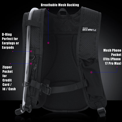 RaveBeetle Elytra AIR LED Hydration Backpack – Lightweight Festival Pack with 2L Water Bladder (Clear)