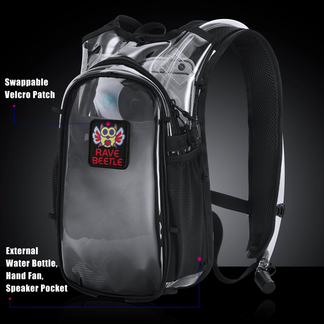 RaveBeetle Elytra AIR LED Hydration Backpack – Lightweight Festival Pack with 2L Water Bladder (Clear)