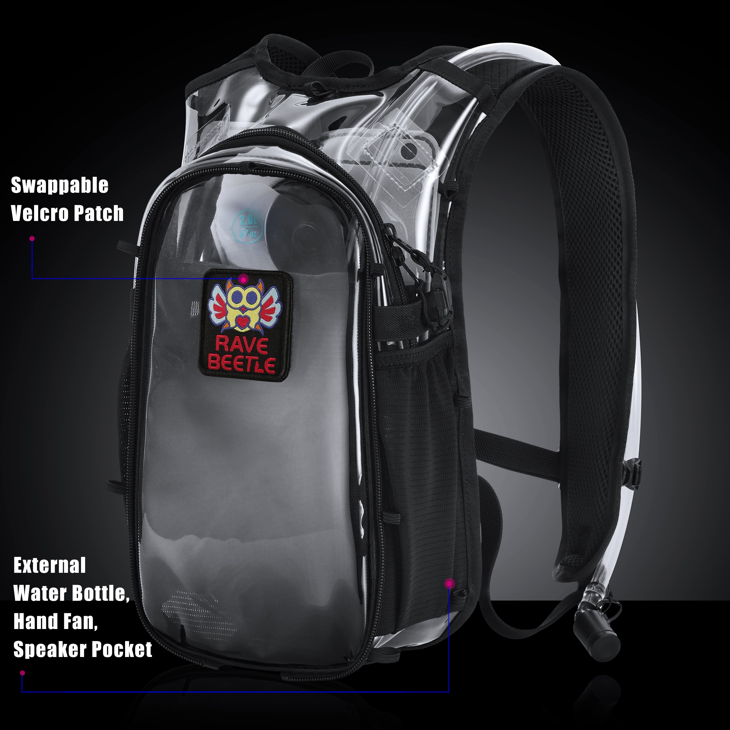 RaveBeetle Elytra AIR LED Hydration Backpack – Lightweight Festival Pack with 2L Water Bladder (Clear)