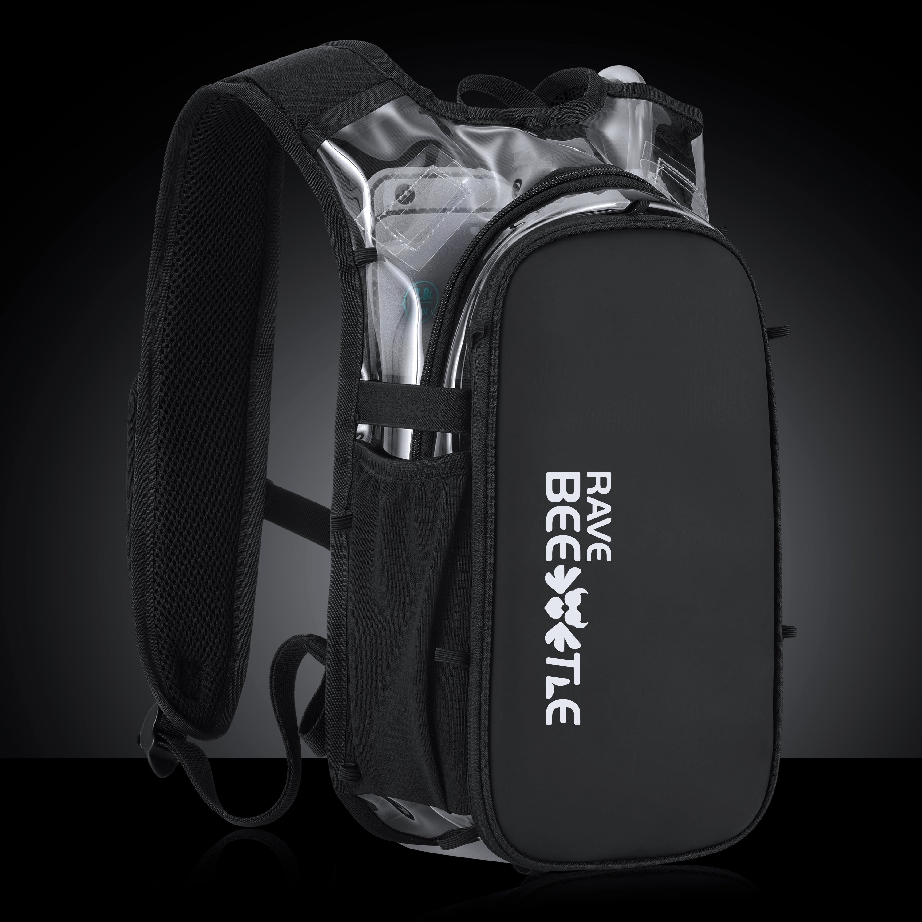 RaveBeetle Elytra AIR LED Hydration Backpack – Lightweight Festival Pack with 2L Water Bladder (Clear)