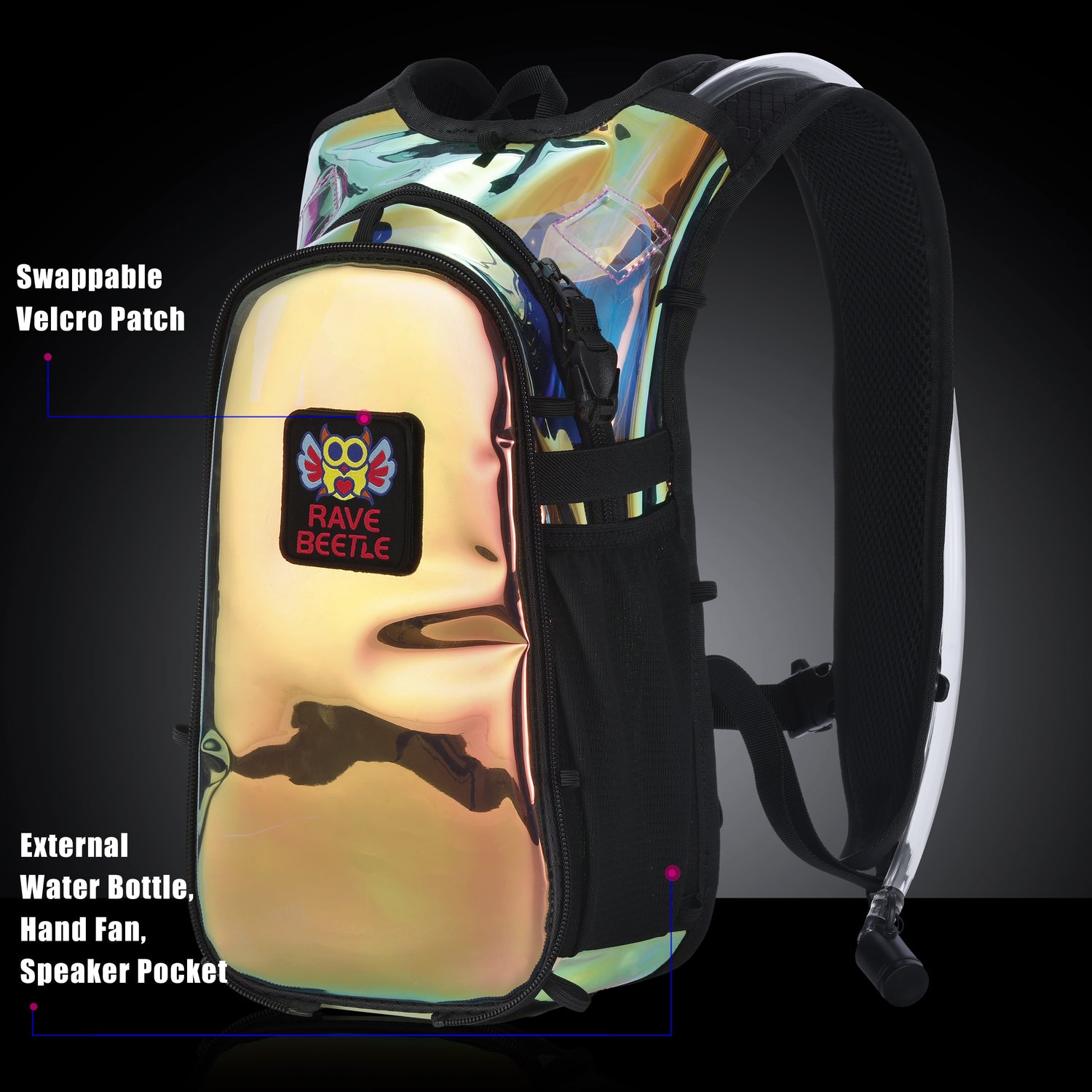 RaveBeetle Elytra AIR LED Hydration Backpack – Lightweight Festival Pack with 2L Water Bladder (Holographic Galaxy)