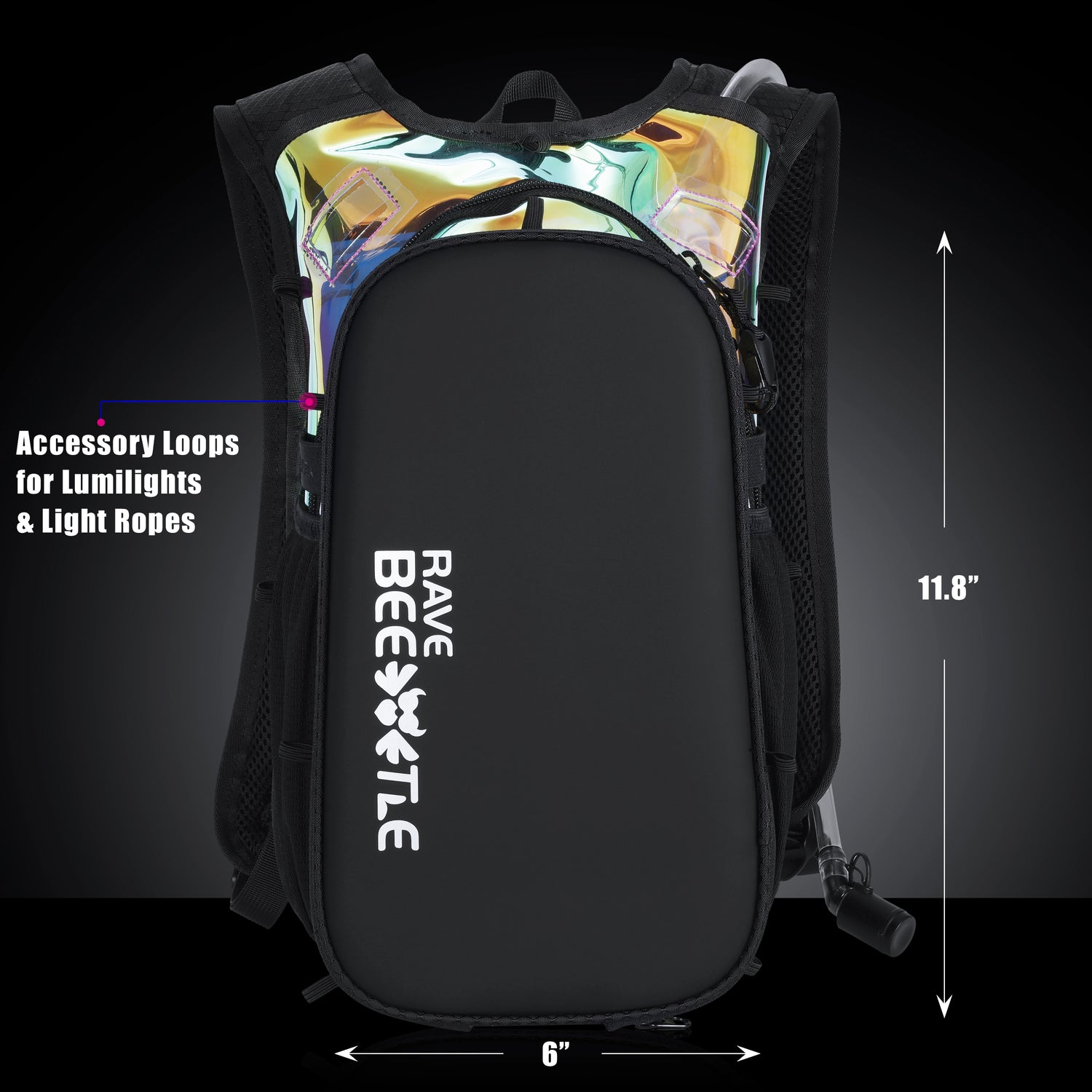 RaveBeetle Elytra AIR LED Hydration Backpack – Lightweight Festival Pack with 2L Water Bladder (Holographic Galaxy)