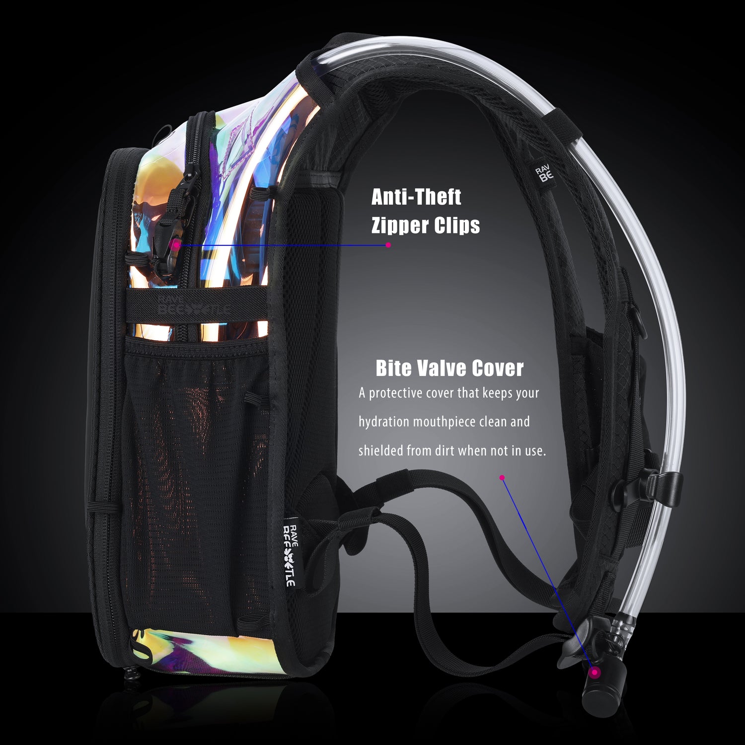 RaveBeetle Elytra AIR LED Hydration Backpack – Lightweight Festival Pack with 2L Water Bladder (Holographic Galaxy)