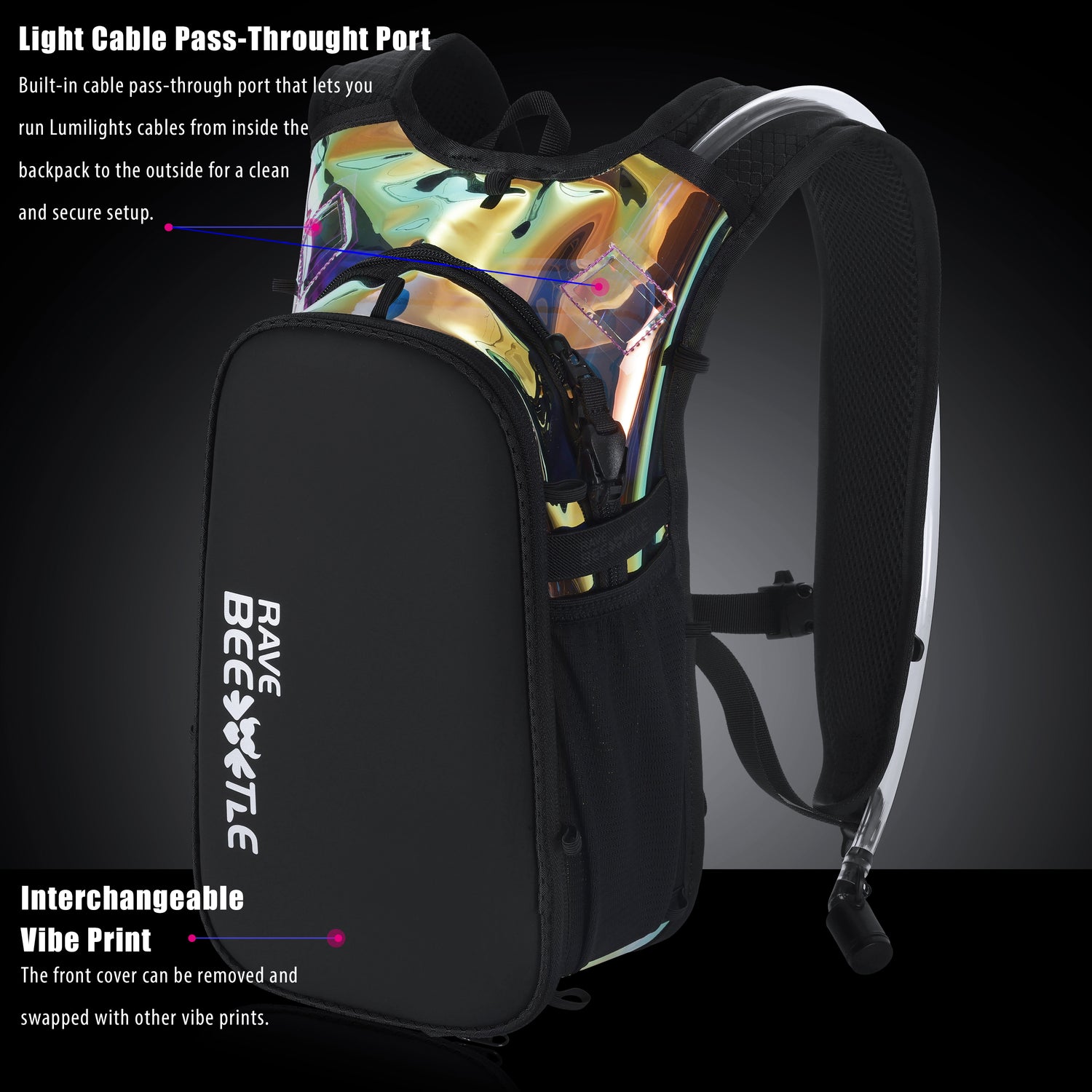 RaveBeetle Elytra AIR LED Hydration Backpack – Lightweight Festival Pack with 2L Water Bladder (Holographic Galaxy)