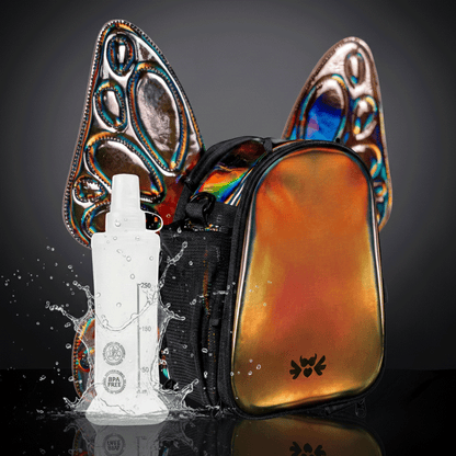 RaveBeetle FLOWt Pin Display Festival Pack – Swappable Wing Rave Backpack with 8oz Soft Water Bottle &amp; Light Accessory (Mocha)