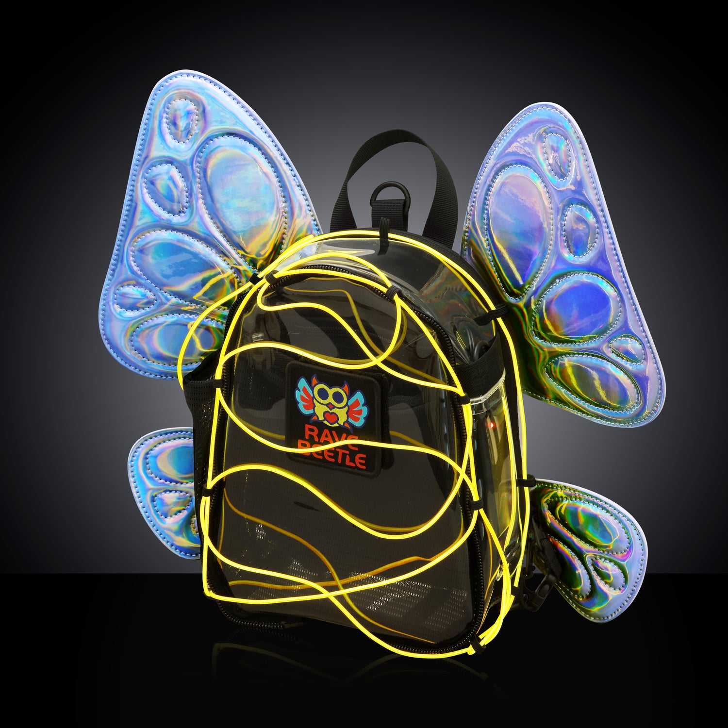 can you bring a clear mini backpack to rave RaveBeetle FLOWt Hydration Festival Pack – Swappable Wing Rave Backpack with 8oz Soft Water Bottle & Light Accessory (Clear)