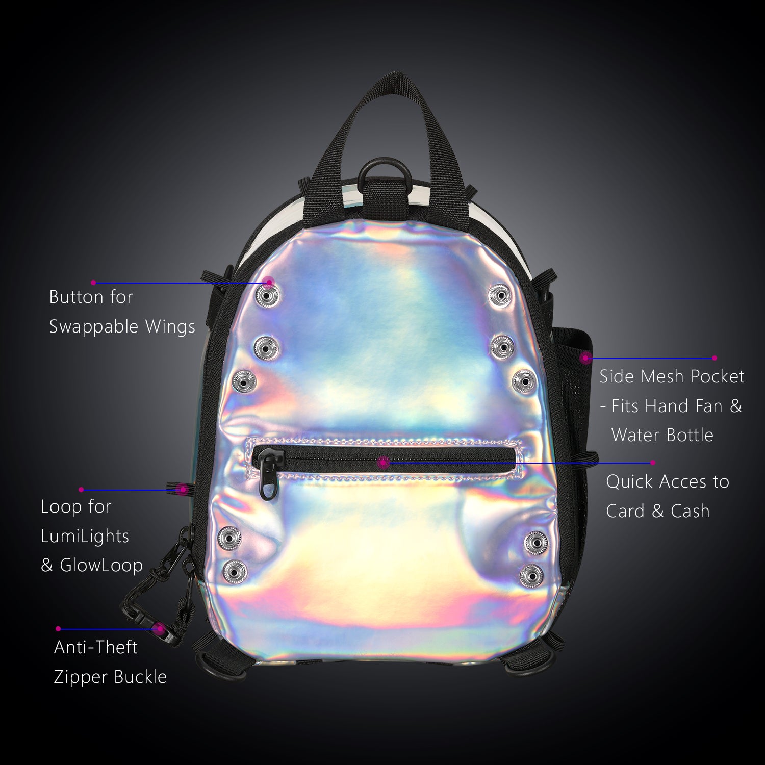 RaveBeetle FLOWt Hydration Festival Pack – Swappable Wing Rave Backpack with 8oz Soft Water Bottle & Light Accessory (Clear)