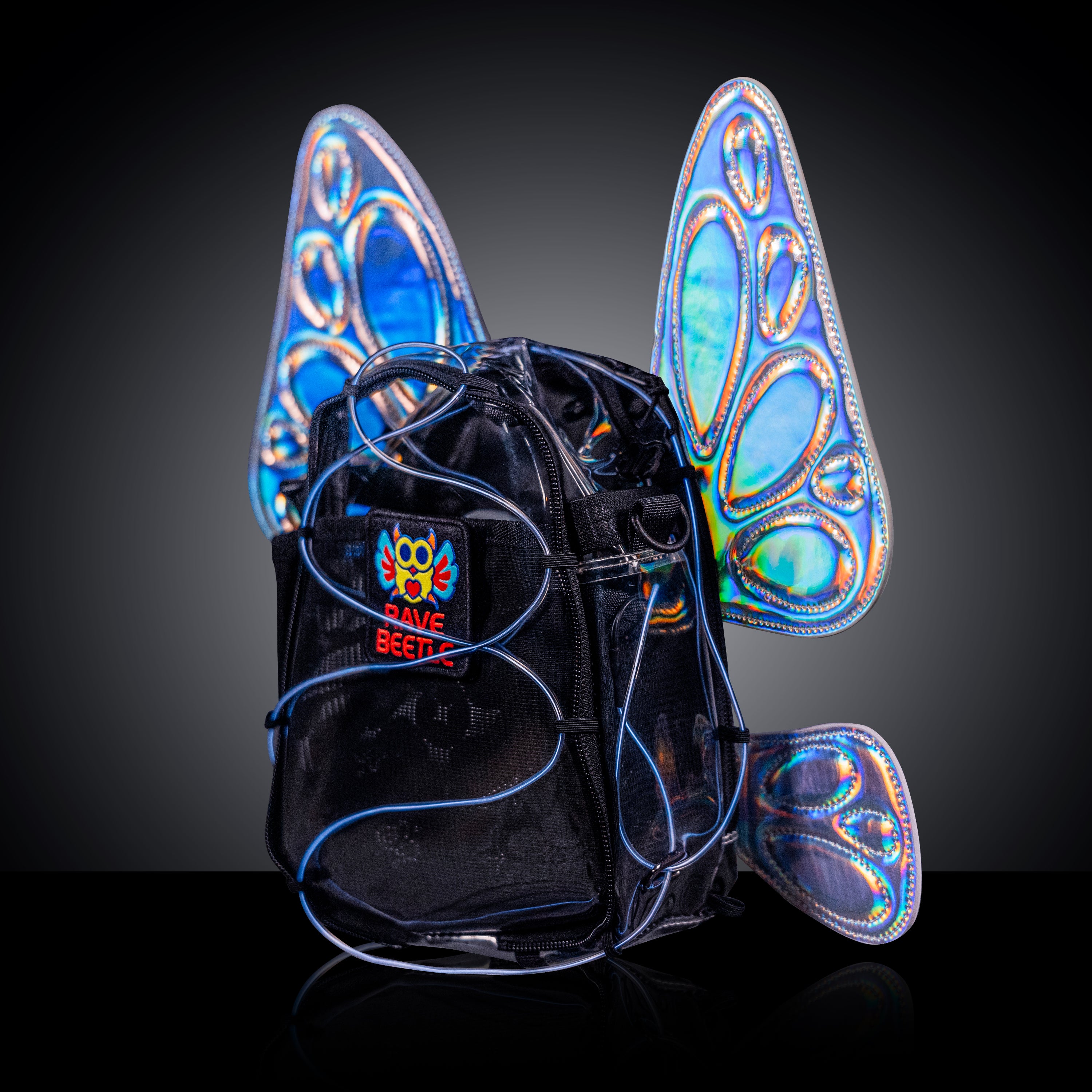 RaveBeetle FLOWt LED Festival Pack – Swappable Wing Rave Backpack with Light Accessory (Clear)
