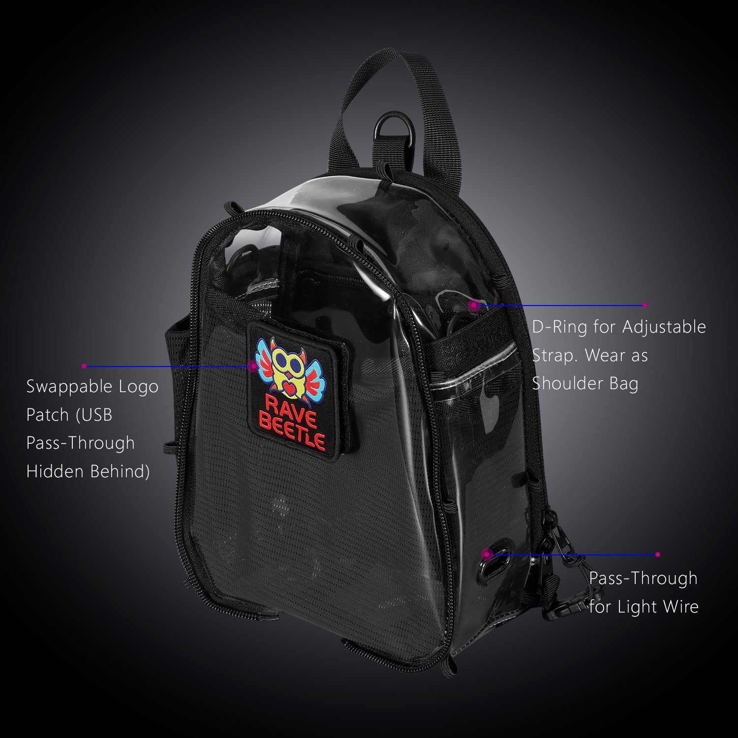RaveBeetle FLOWt LED Festival Pack – Swappable Wing Rave Backpack with Light Accessory (Clear)