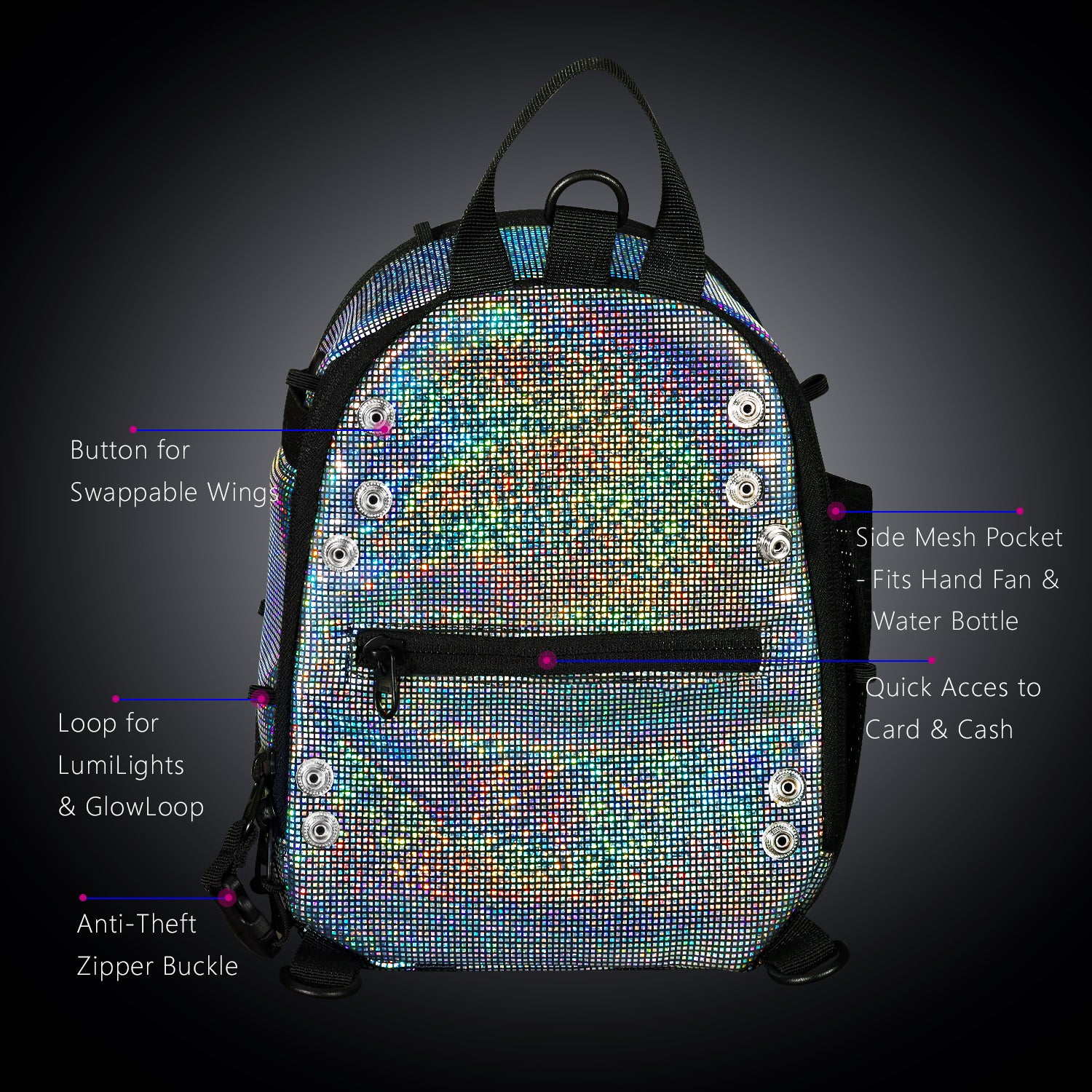 RaveBeetle FLOWt Hydration Festival Pack – Swappable Wing Rave Backpack with 8oz Soft Water Bottle & Light Accessory (Disco)