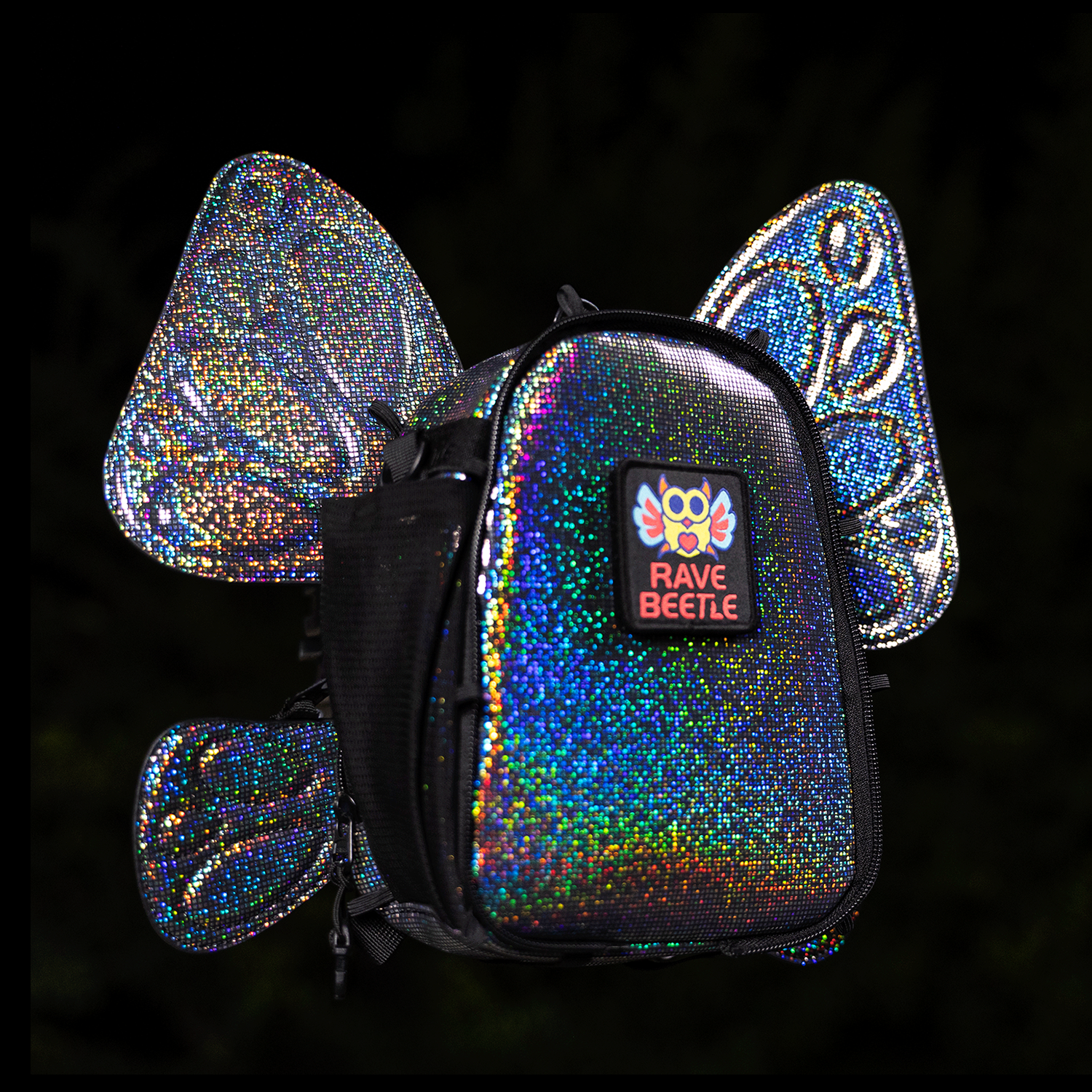 RaveBeetle FLOWt Hydration Festival Pack – Swappable Wing Rave Backpack with 8oz Soft Water Bottle & Light Accessory (Disco)