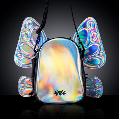 RaveBeetle FLOWt LED Festival Pack – Swappable Wing Rave Backpack with Light Accessory (Holographic Silver)