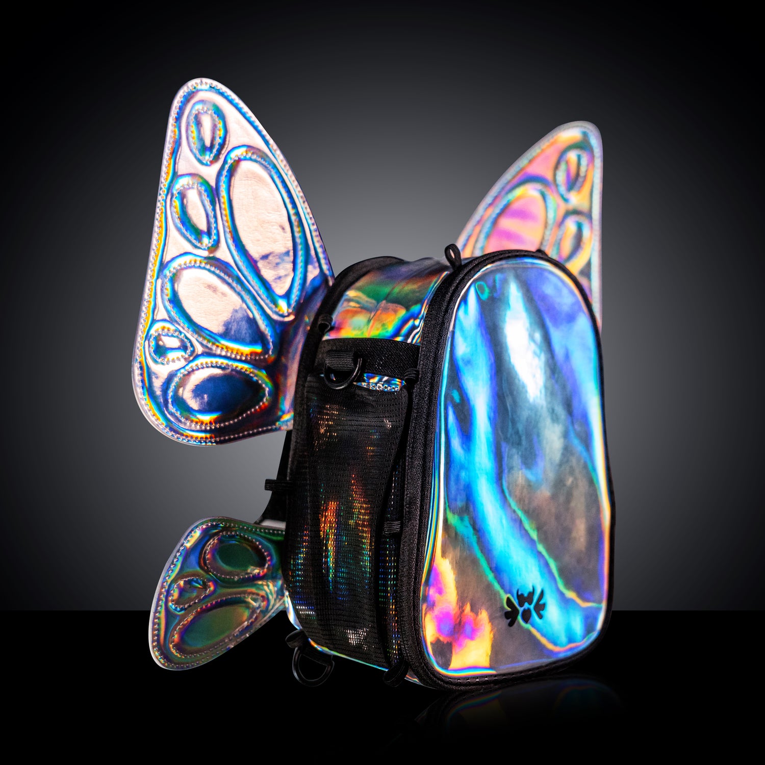 holographic mini backpack RaveBeetle FLOWt Hydration Festival Pack – Swappable Wing Rave Backpack with 8oz Soft Water Bottle & Light Accessory (Holographic Silver)