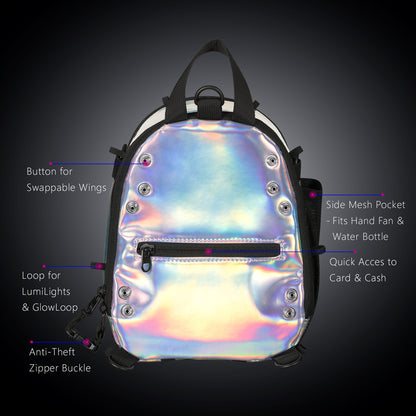 RaveBeetle FLOWt LED Festival Pack – Swappable Wing Rave Backpack with Light Accessory (Holographic Silver)